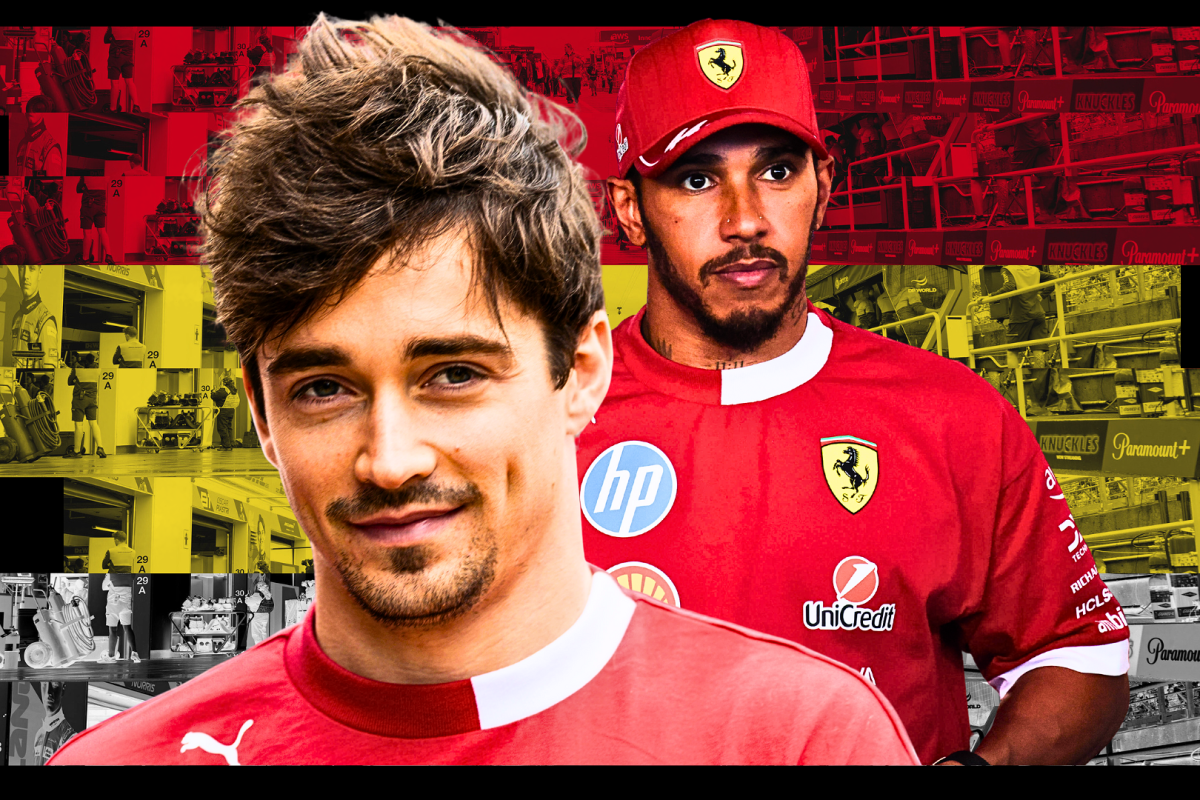 Charles Leclerc and Lewis Hamilton in front of Belgian GP flag colours