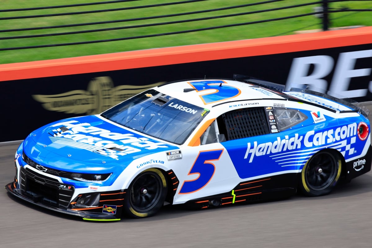 An image of NASCAR Cup Series star Kyle Larson driving at Indianapolis Motor Speedway in 2025