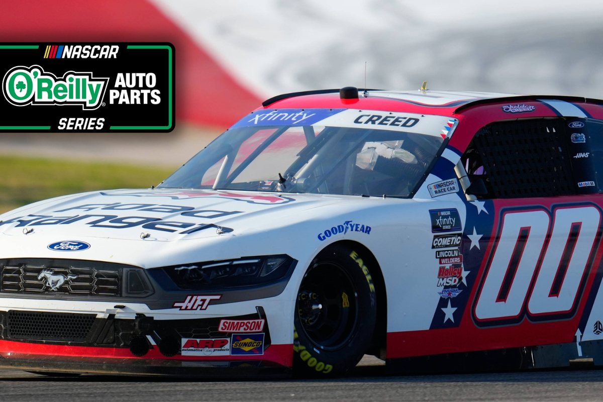 An image of NASCAR driver Sheldon Creed driving in the Xfinity Series at COTA in 2025 with an O'Reilly Auto Parts Series logo added
