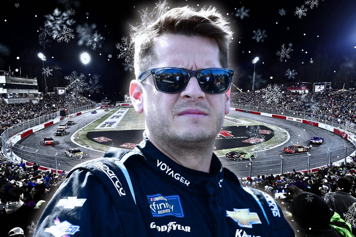 A composite image of Landon Cassill with the NASCAR Clash going on behind him