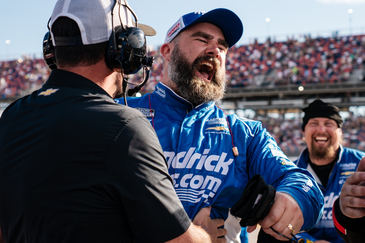 An image of NFL star Jason Kelce celebrating Corey Day's NASCAR O'Reilly Series win at Talladega Superspeedway