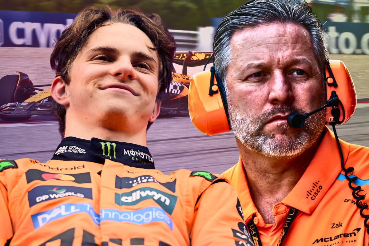 An edited image of Oscar Piastri smirking alongside a concerned Zak Brown, with the background of a McLaren F1 car 