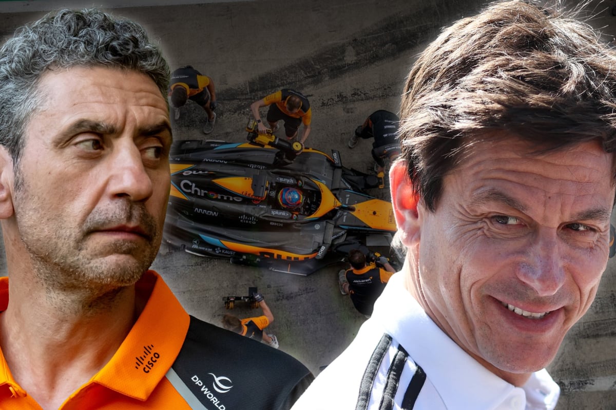 An edited photo of Andrea Stella looking serious and Toto Wolff grinning on a background of a McLaren in the pits