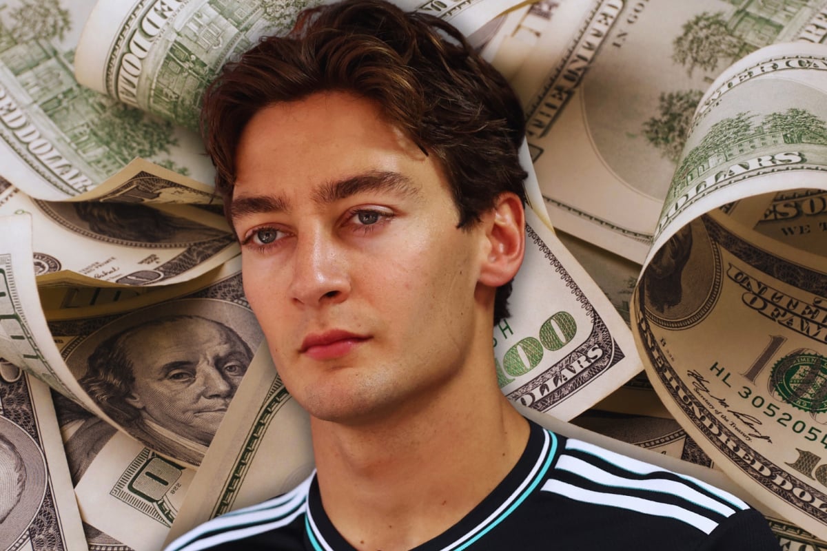 George Russell with a background of 100 dollar bills