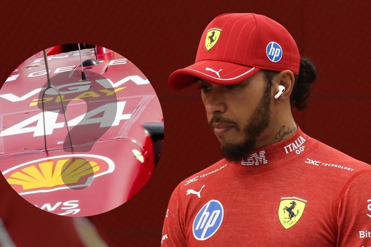 In a composite picture Lewis Hamilton looks at an inset of his No. 44