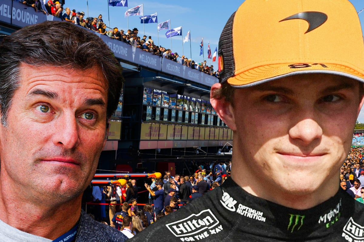 Webber and Piastri's individual headshots edited on top of a background of the Australian GP pit lane