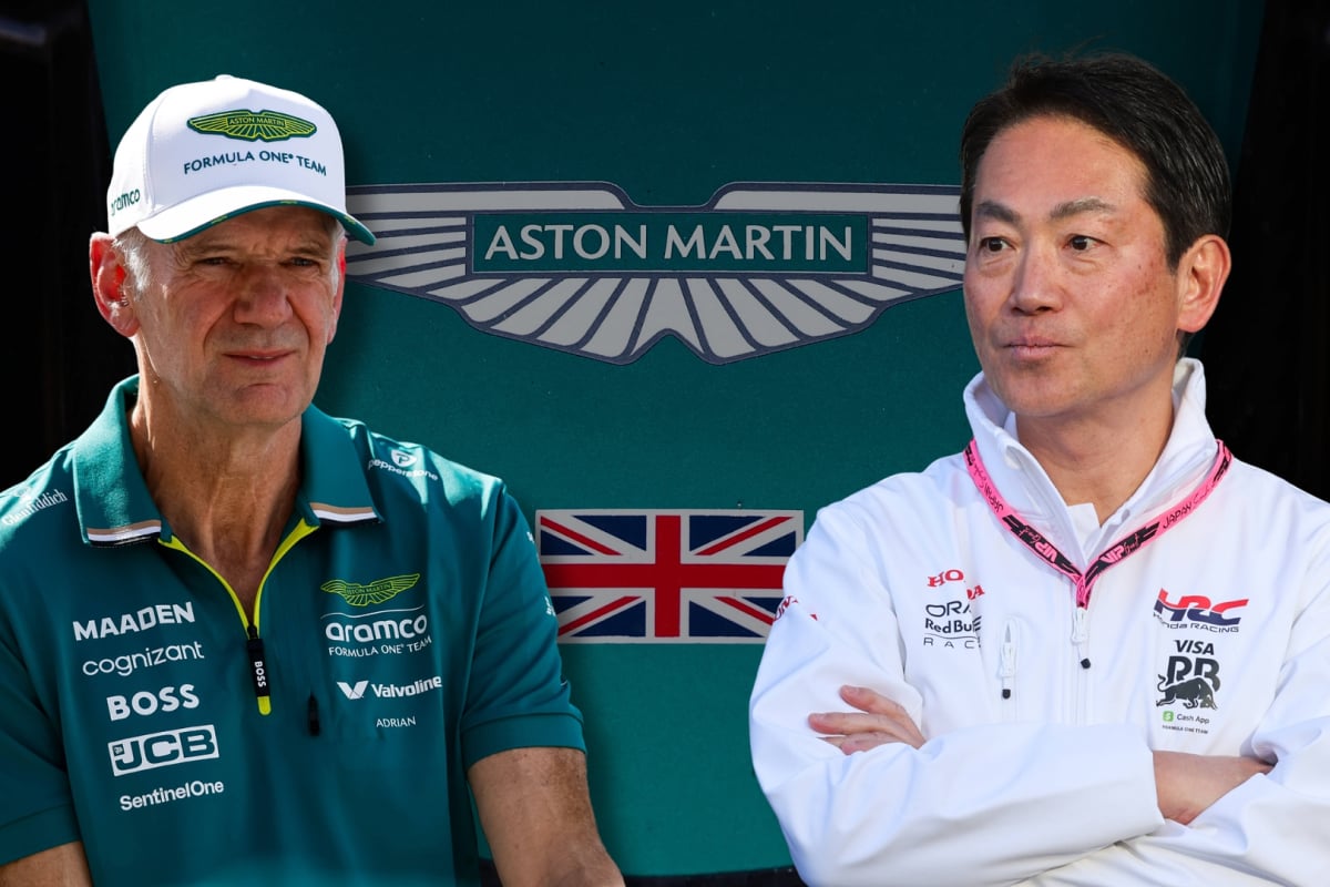 Adrian Newey and Koji Watanabe are pictured together to an Aston Martin themed background