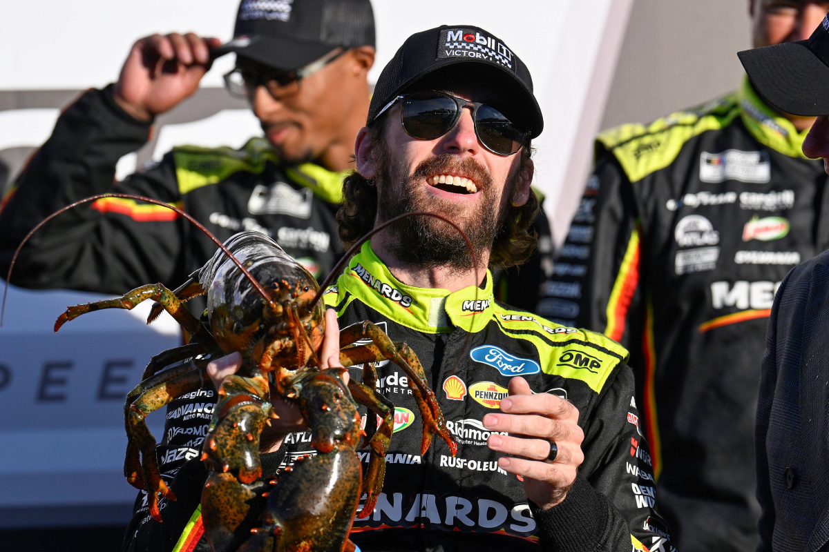 An image of Ryan Blaney celebrating his NASCAR Cup Series win at New Hampshire
