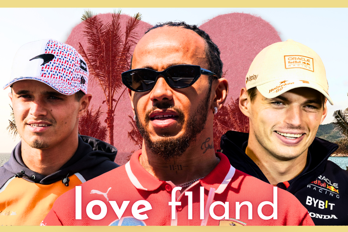 F1 stars Hamilton, Verstappen and Norris in front of a love island themed backdrop