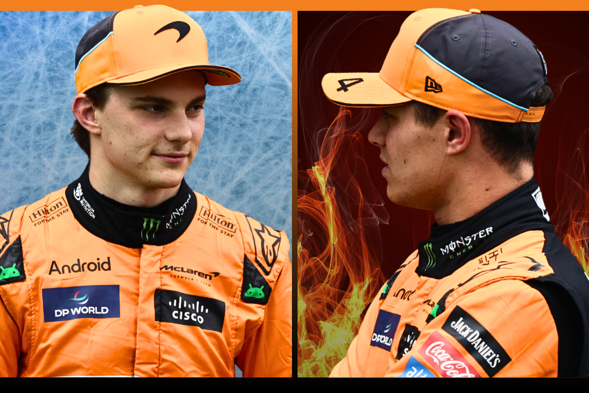 A graphic of Oscar Piastri with ice behind him staring across at Lando Norris with fire behind him