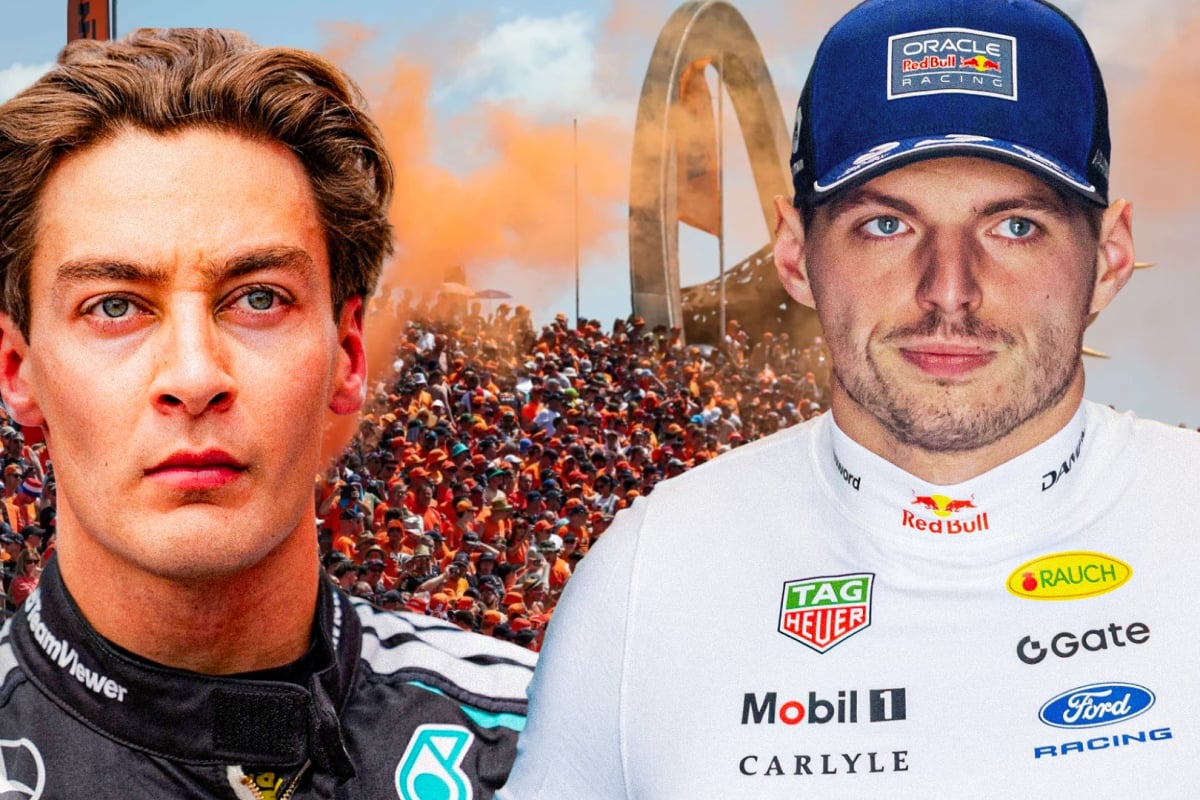 Russell and Verstappen looking annoyed with orange army background in Austria