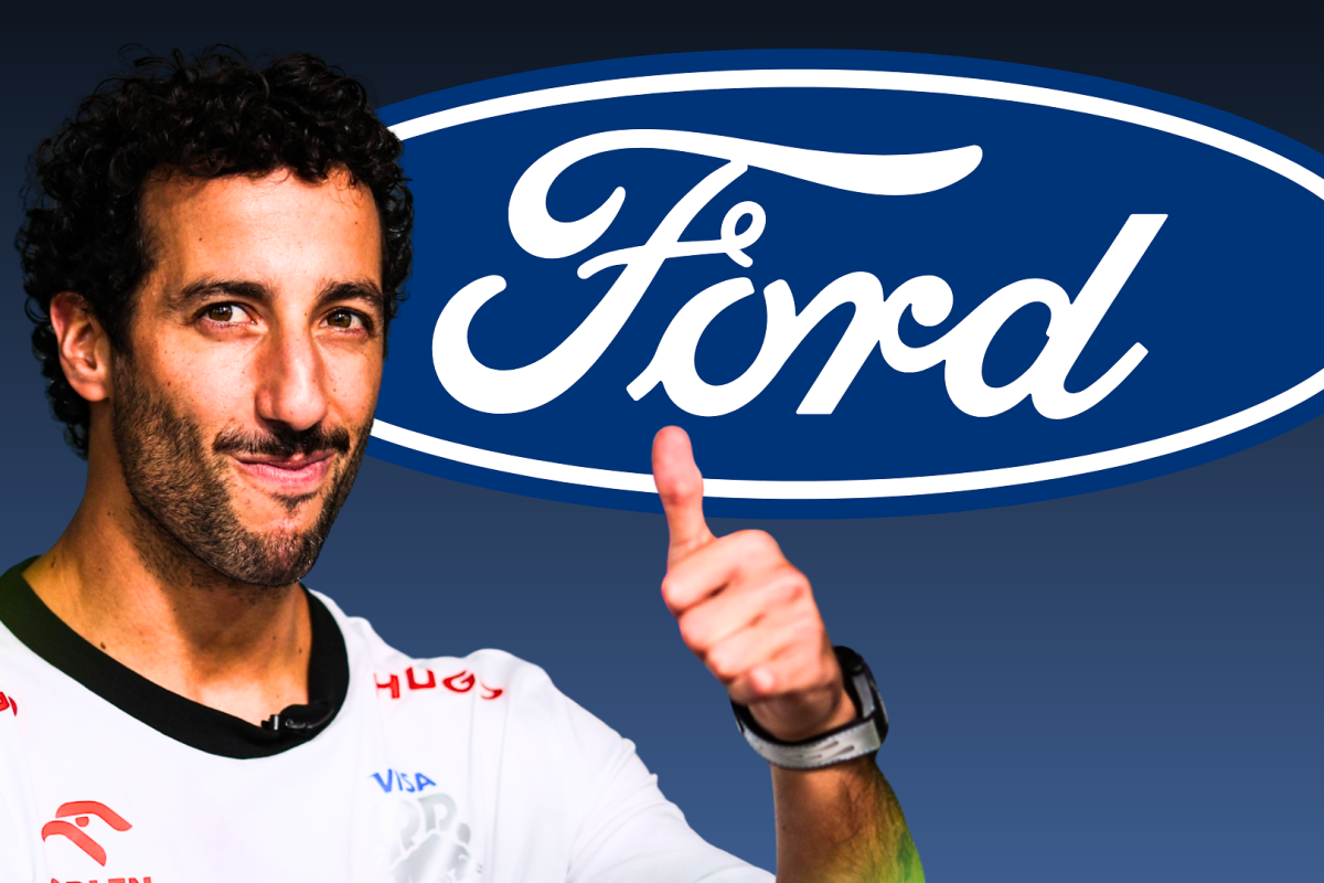Ricciardo giving a thumbs up with blue Ford logo behind and gradient blue background