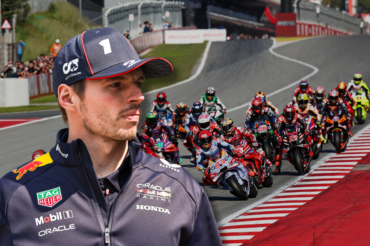 Max Verstappen looks at the start of a MotoGP race in a composite