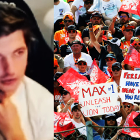 Verstappen lacht om fans die poster van hem in de lucht houden: "Niet aardig"