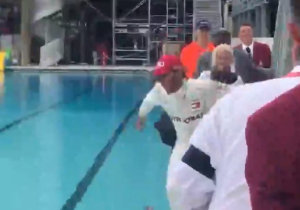 VIDEO: Hamilton celebrates Monaco win with a dive into the pool!