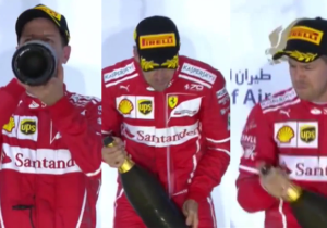 VIDEO: Sebastian Vettel en Lewis Hamilton geen fan van alcoholvrije champagne