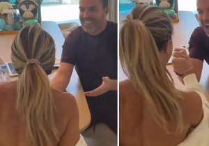 Vrouw Robert Doornbos toont blote borsten in poging armpje drukken te winnen