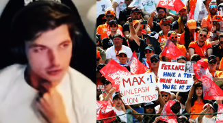 Verstappen lacht om fans die poster van hem in de lucht houden: "Niet aardig"