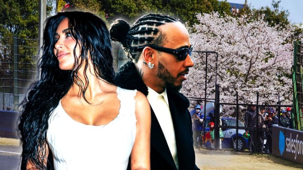 Kim and Lewis edited side by side looking in opposite directions in glam attire with Suzuka circuit background and cherry blossom tree — Photo: © IMAGO