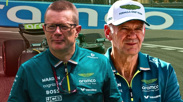 Cowell and Newey in Aston Martin green edited alongside one another with F1 car on track in background — Foto: © IMAGO