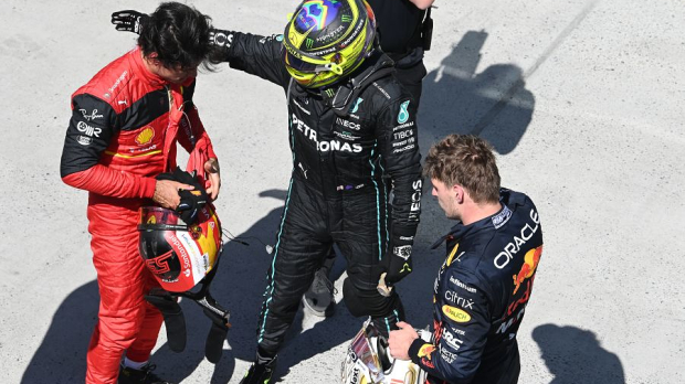 Carlos Sainz, Lewis Hamilton and Max Verstappen after the race in Canada