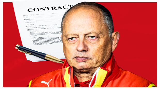 Ferrari boss Fred Vasseur looking annoyed with a contract and pen beside him