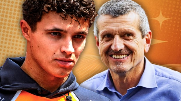 Norris looking serious in McLaren team kit with Steiner grinning next to him with an edited orange sparkling background