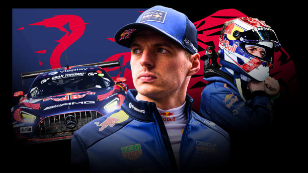 Verstappen looking serious with Red Bull and Nurburgring themed background — Photo: © IMAGO