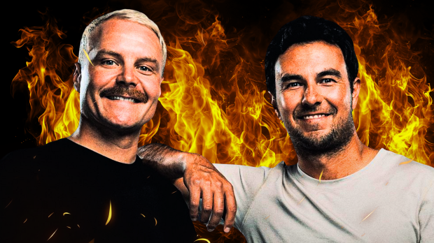 Bottas and Perez in plain t-shirts with orange flame background edited behind