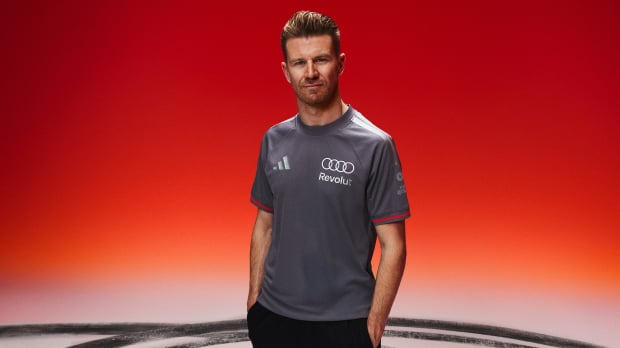 Credit: Audi. Nico Hulkenberg in photoshoot for new Audi adidas F1 t-shirt — Photo: © IMAGO