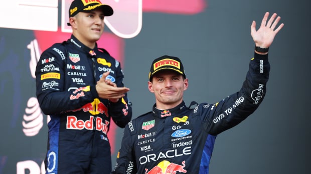 Verstappen and Hadjar on podium in Azerbaijan — Foto: © Red Bull Content Pool