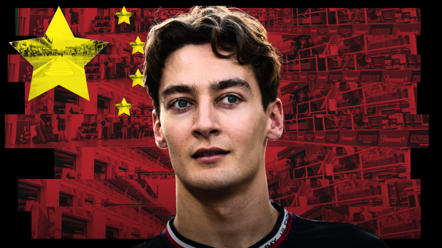 George Russell is pictured in front of a Chinese flag — Photo: © IMAGO