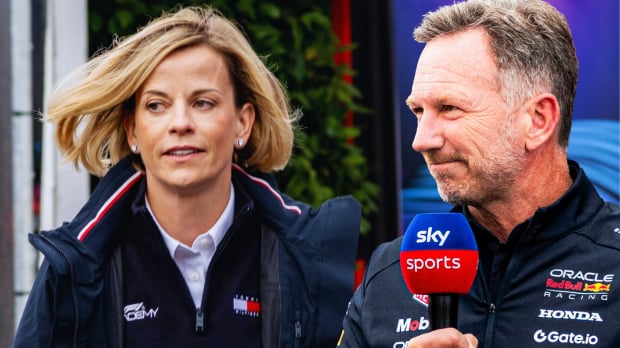 Close up of Susie Wolff walking through the paddock edited with a picture of Horner holding a Sky mic next to her