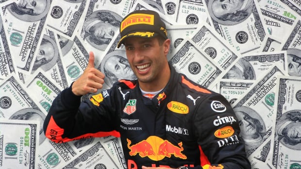 Daniel Ricciardo is pictured with his thumbs up to a backdrop of cash in a composite