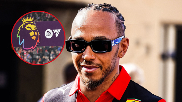 The Premier logo next to Lewis Hamilton in a Ferrari uniform