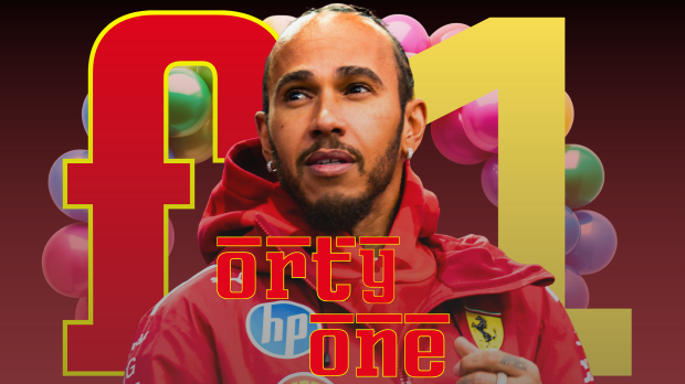 Hamilton in Ferrari kit with balloon background and 'forty one' text graphic