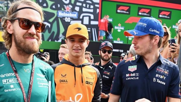 Max Verstappen is pictured with fellow F1 drivers Sebastian Vettel and Lando Norris