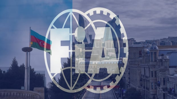 The F1 Baku race track in Azerbaijan has a semi-transparent FIA flag in front of it