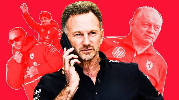 christian horner, fred vasseur, lewis hamilton, charles leclerc, ferrari, graphic