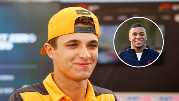 Both Lando Norris and Kylian Mbappe smile together