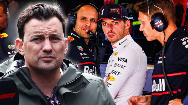 Headshot of Will Buxton holding F1 mic edited over picture of Verstappen and Red Bull staff in garage — Photo: © IMAGO