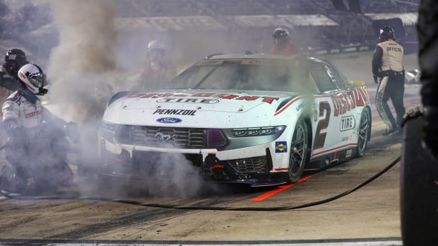 An image of Austin Cindric's No. 2 Team Penske Ford on fire at Bristol Motor Spedway