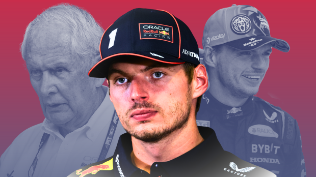 Composite image of Verstappen and Marko with red gradient background