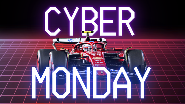Hamilton's ferrari car with a red grid background and illuminated 'cyber monday' text graphic