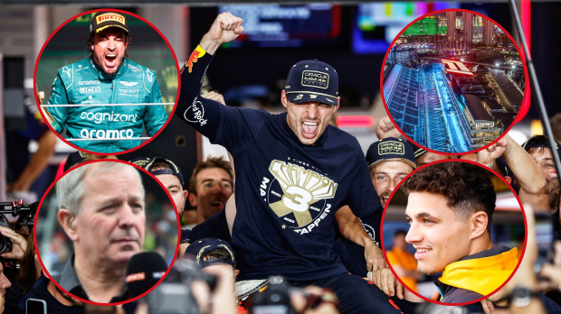 Max Verstappen celebrates winning his third world championship title, whilst a number of other F1 2023 personalities look on