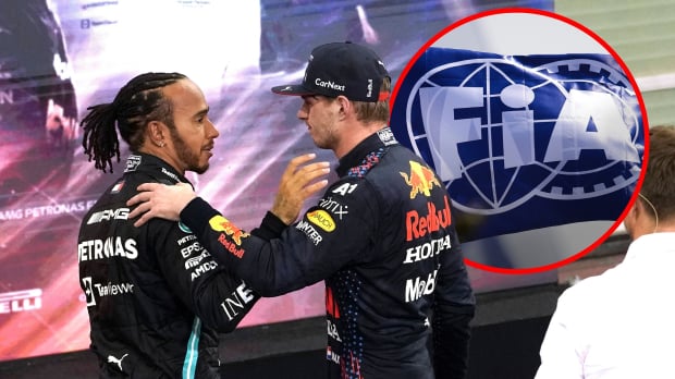Max Verstappen consoles Lewis Hamilton at the Abu Dhabi 2021 GP with an inset of an FIA logo — Photo: © IMAGO