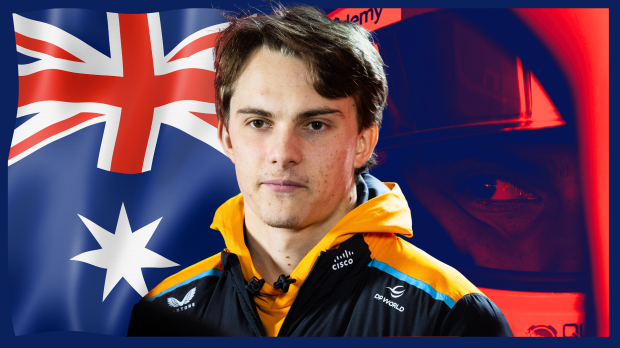 Piastri with a smug expression in front of an Australian flag-themed background merged with a helmet close up of his eyes behind the visor