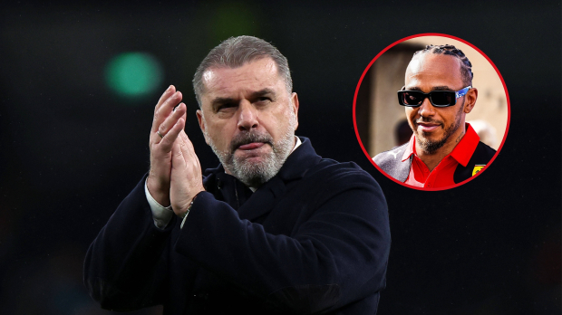 Ange Postocoglou claps his fans as Lewis Hamilton smirks in a ferrari uniform