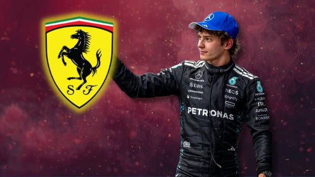 Kimi Antonelli is shown reaching his hand out to a Ferrari badge in a composite image — Photo: © IMAGO