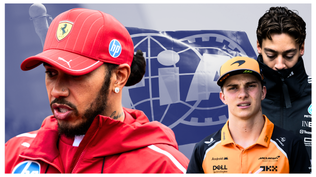 Lewis Hamilton, Oscar Piastri and George Russell look concerned in front of an FIA flag